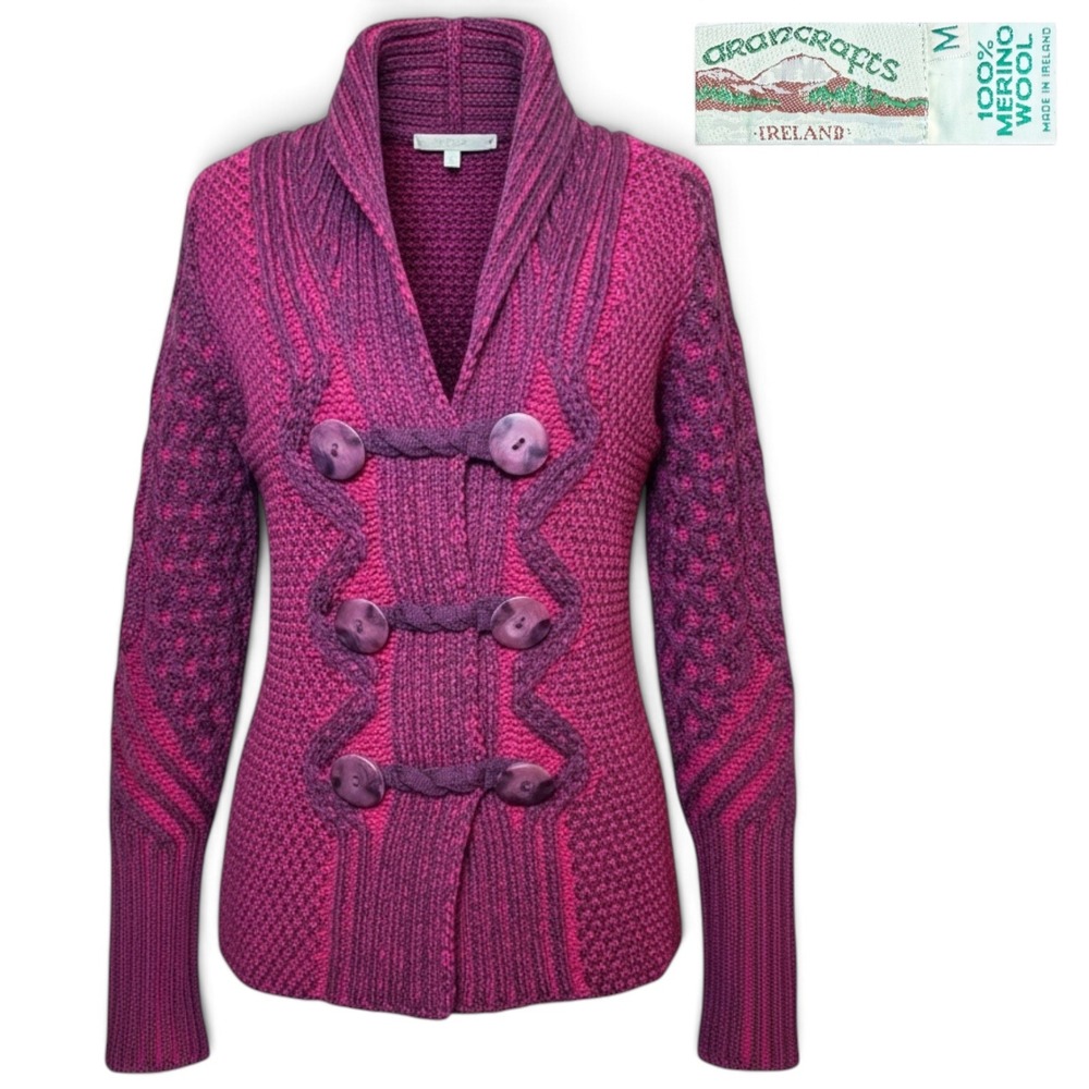 Aran Crafts Merino Wool Cable Knit Cardigan Pink Purple M